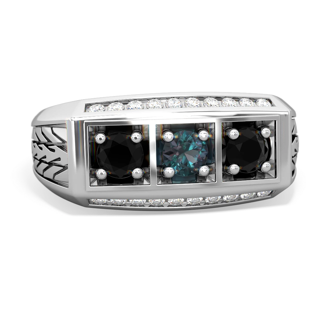 Alexandrite Three Stone Tire Tread Men's 14K White Gold ring R0520