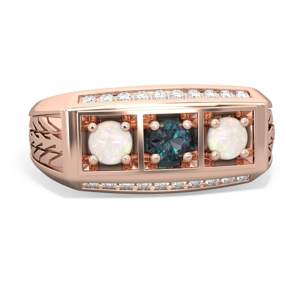 Alexandrite Three Stone Tire Tread Men's 14K Rose Gold ring R0520