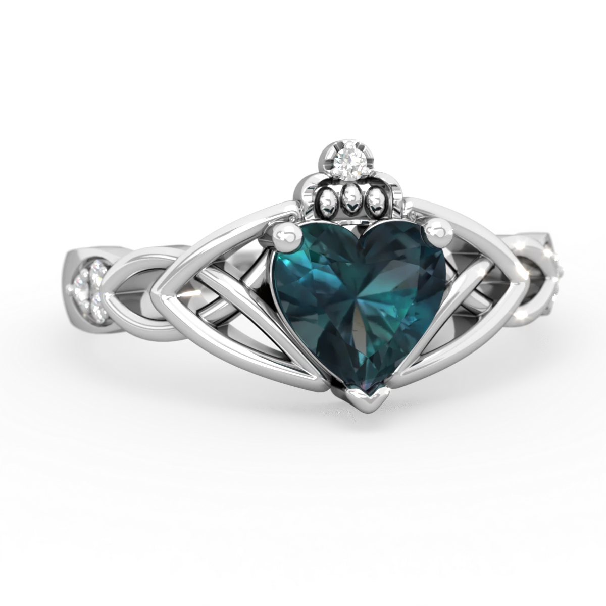 Alexandrite Claddagh Celtic Knot Diamond 14K White Gold ring R5001