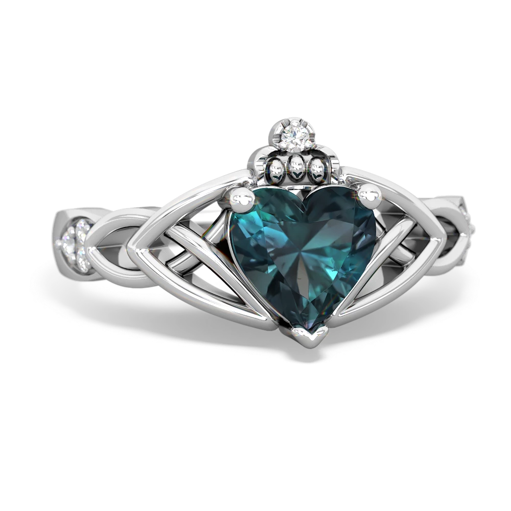 Alexandrite Claddagh Celtic Knot Diamond 14K White Gold ring R5001