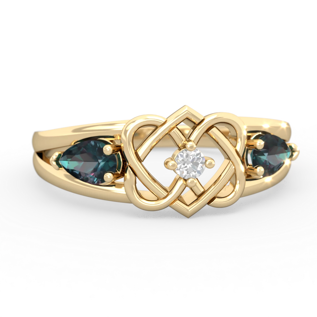 Alexandrite Hearts Intertwined 14K Yellow Gold ring R5880