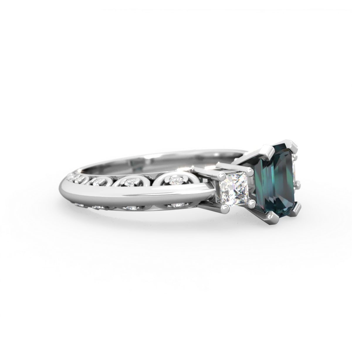 Alexandrite Art Deco Diamond 7X5 Emerald-Cut Engagement 14K White Gold ring R20017EM