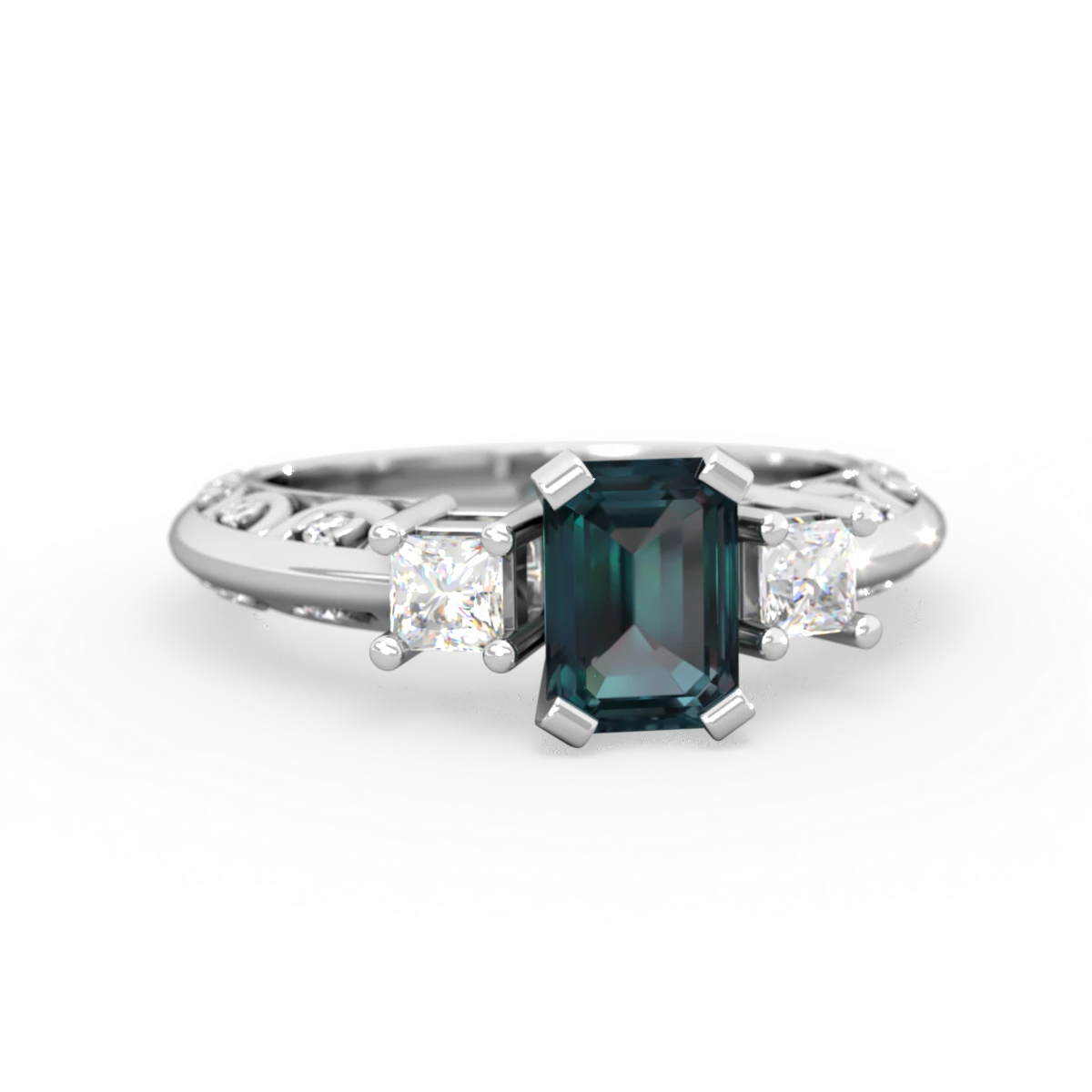 Alexandrite Art Deco Diamond 7X5 Emerald-Cut Engagement 14K White Gold ring R20017EM