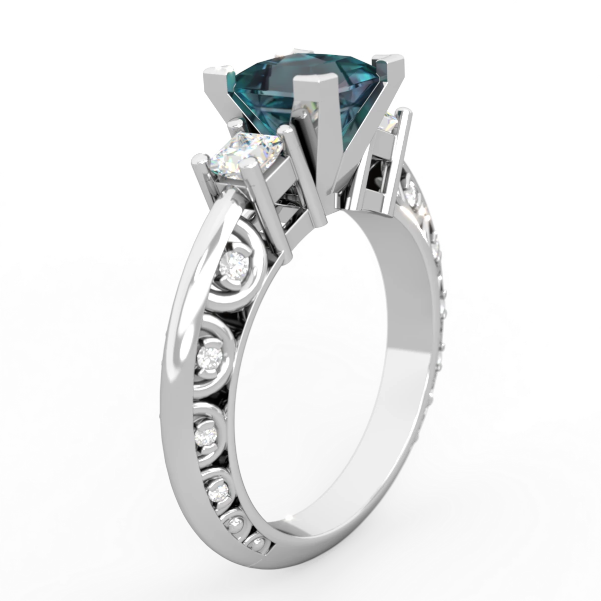 Alexandrite Art Deco Diamond Engagement 6Mm Princess 14K White Gold ring R2001