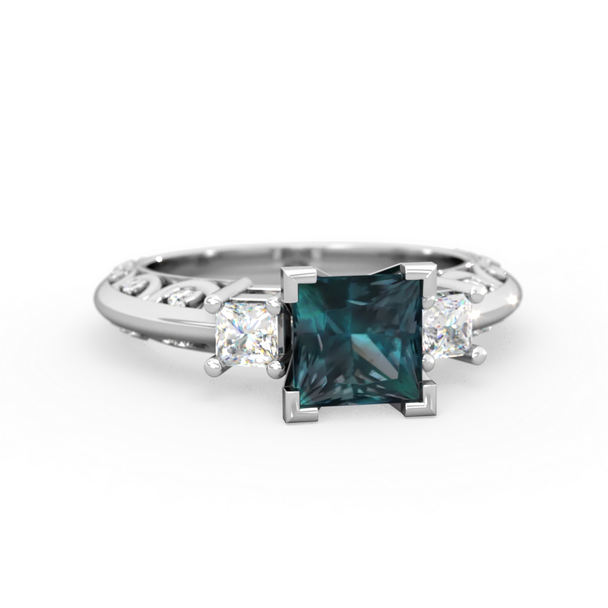 Alexandrite Art Deco Diamond Engagement 6Mm Princess 14K White Gold ring R2001