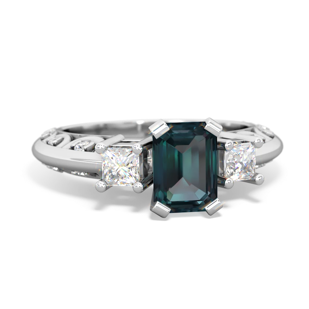 Alexandrite Art Deco Diamond 7X5 Emerald-Cut Engagement 14K White Gold ring R20017EM