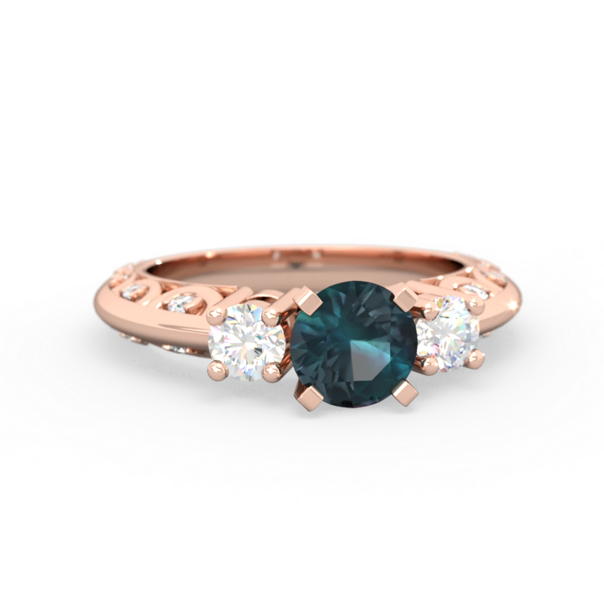 Alexandrite Art Deco Diamond 6Mm Round Engagment 14K Rose Gold ring R2003