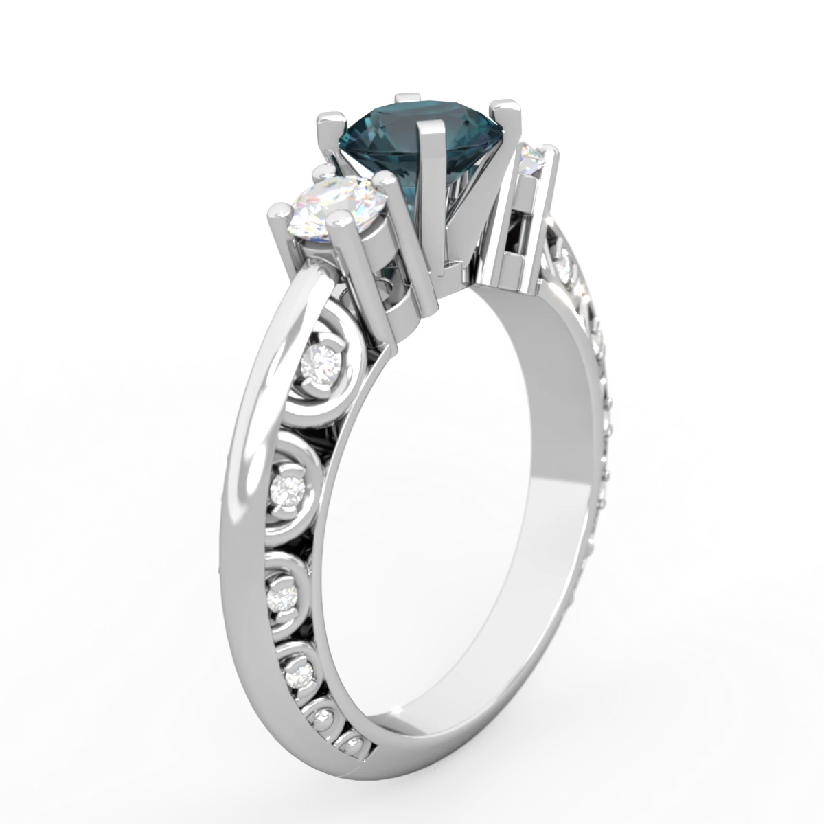 Alexandrite Art Deco Diamond 6Mm Round Engagment 14K White Gold ring R2003