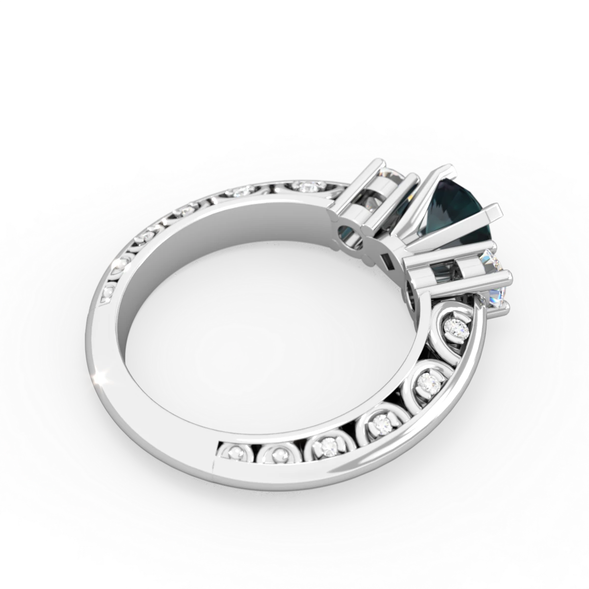 Alexandrite Art Deco Diamond 6Mm Round Engagment 14K White Gold ring R2003