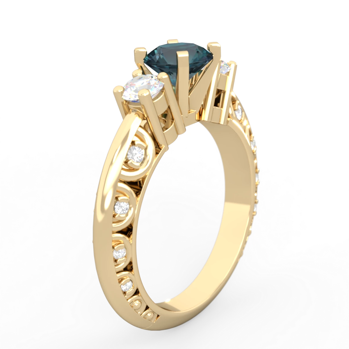 Alexandrite Art Deco Diamond 6Mm Round Engagment 14K Yellow Gold ring R2003