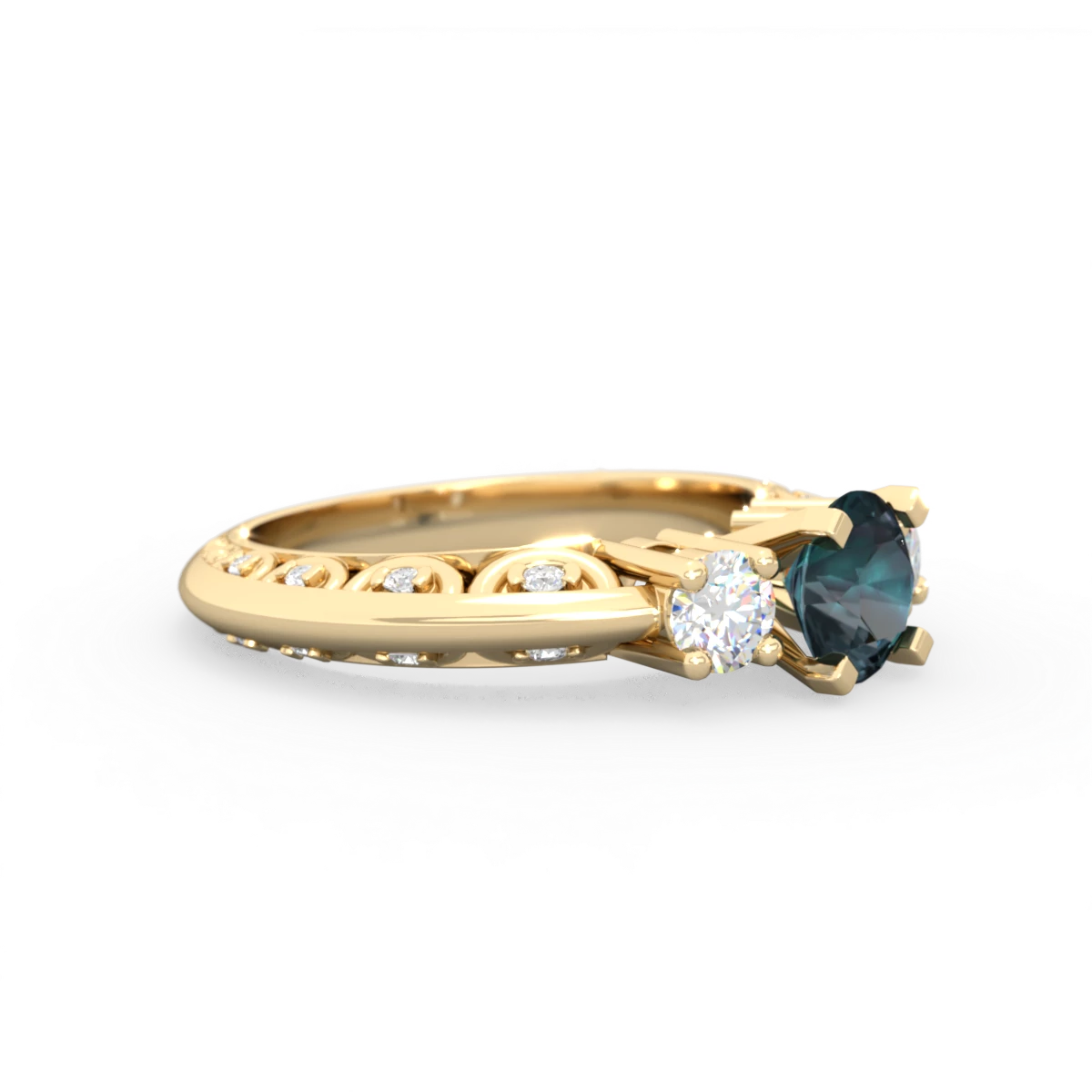 Alexandrite Art Deco Diamond 6Mm Round Engagment 14K Yellow Gold ring R2003