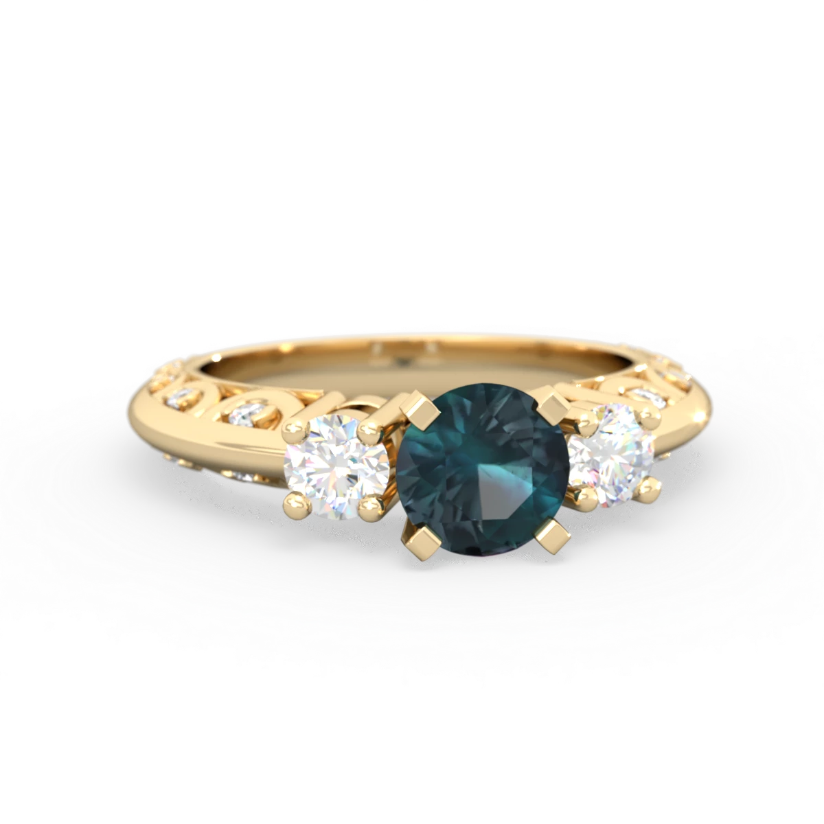 Alexandrite Art Deco Diamond 6Mm Round Engagment 14K Yellow Gold ring R2003