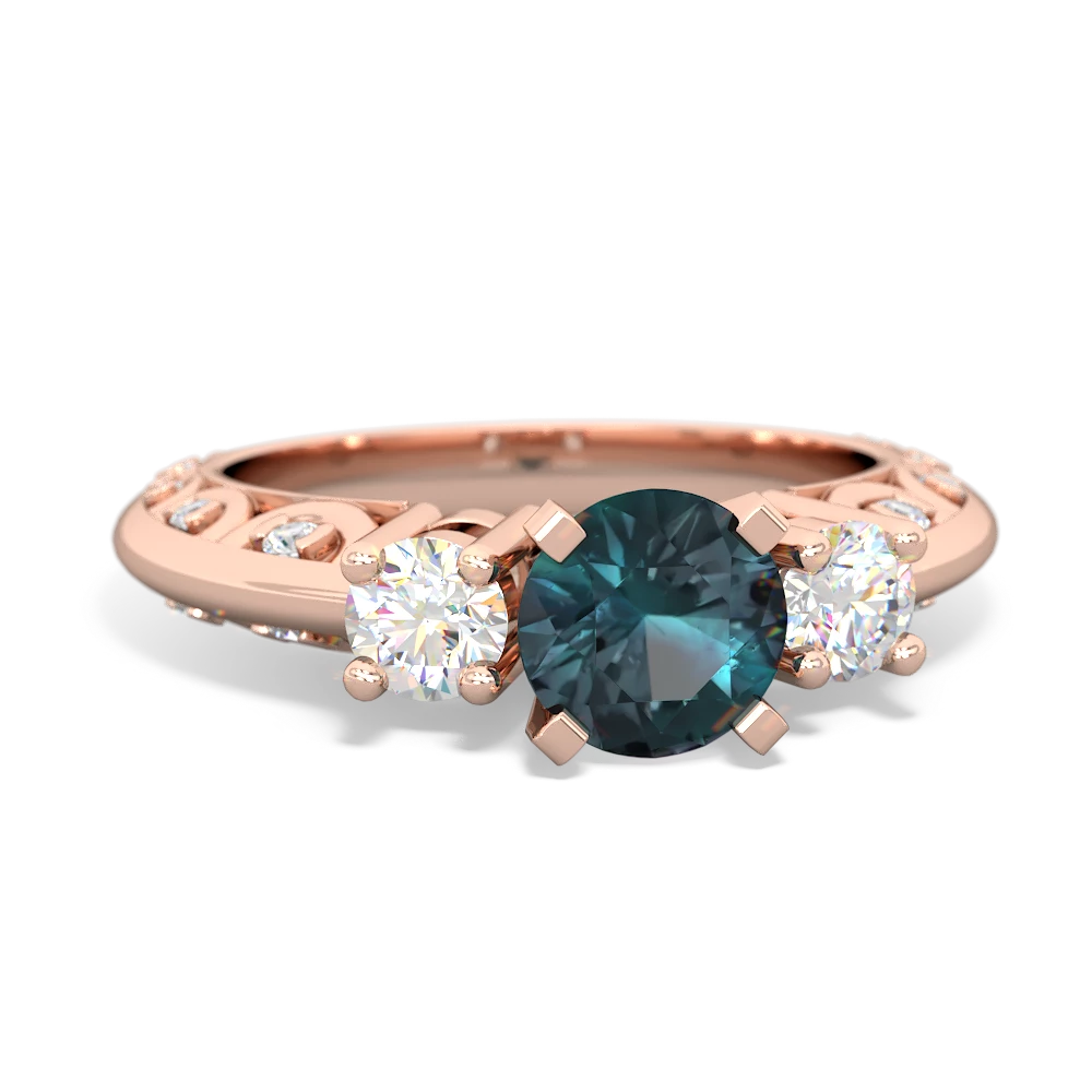 Alexandrite Art Deco Diamond 6Mm Round Engagment 14K Rose Gold ring R2003