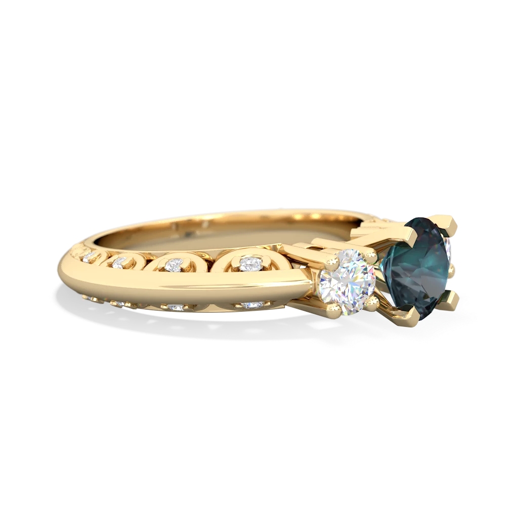 Alexandrite Art Deco Diamond 6Mm Round Engagment 14K Yellow Gold ring R2003