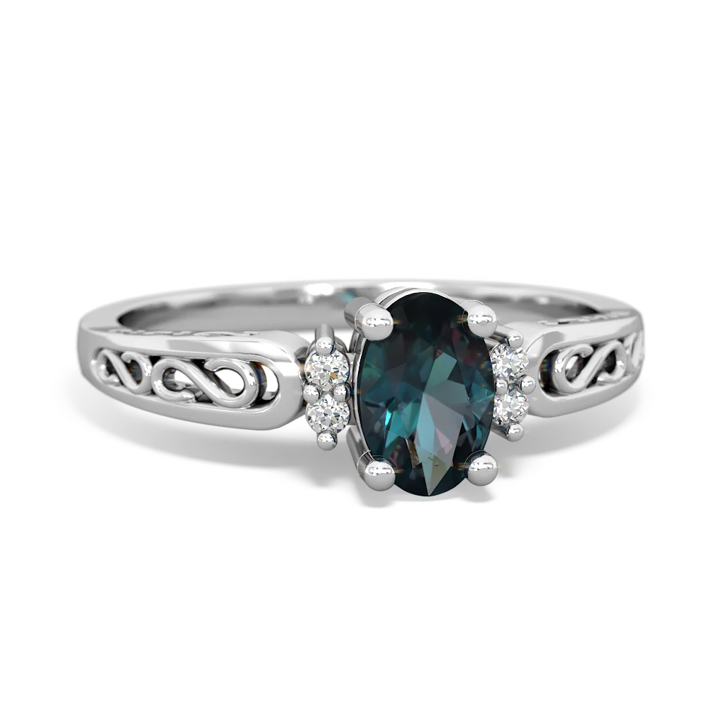 Alexandrite Filligree Scroll Oval 14K White Gold ring R0812