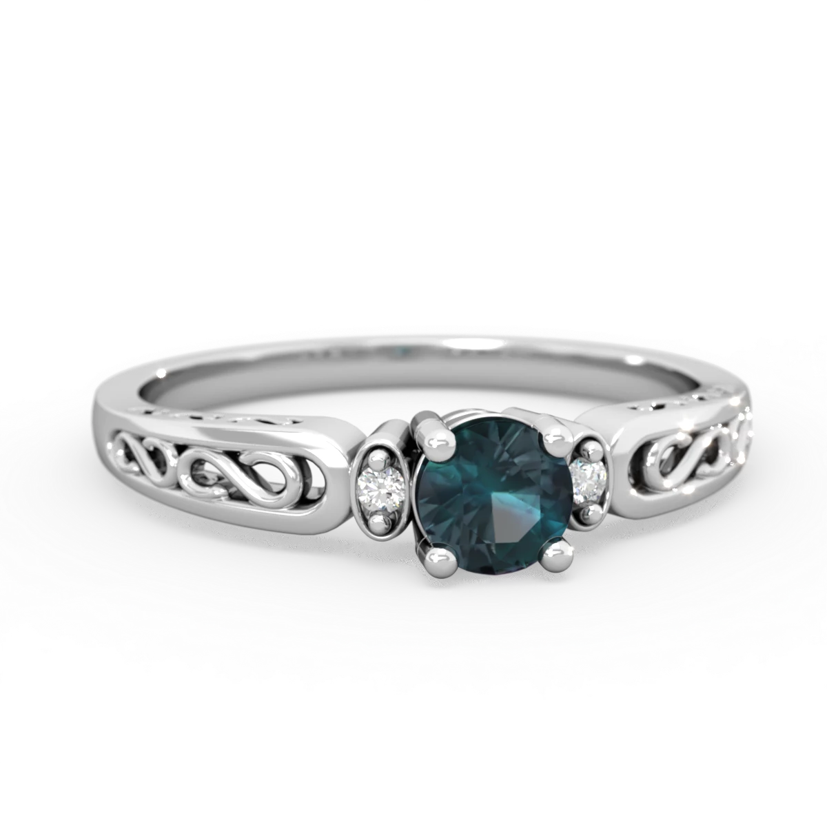 Alexandrite Filligree Scroll Round 14K White Gold ring R0829