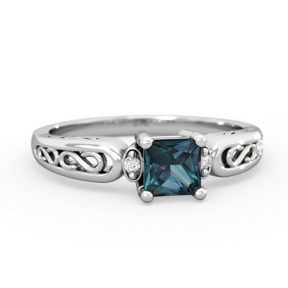 Alexandrite Filligree Scroll Square 14K White Gold ring R2430