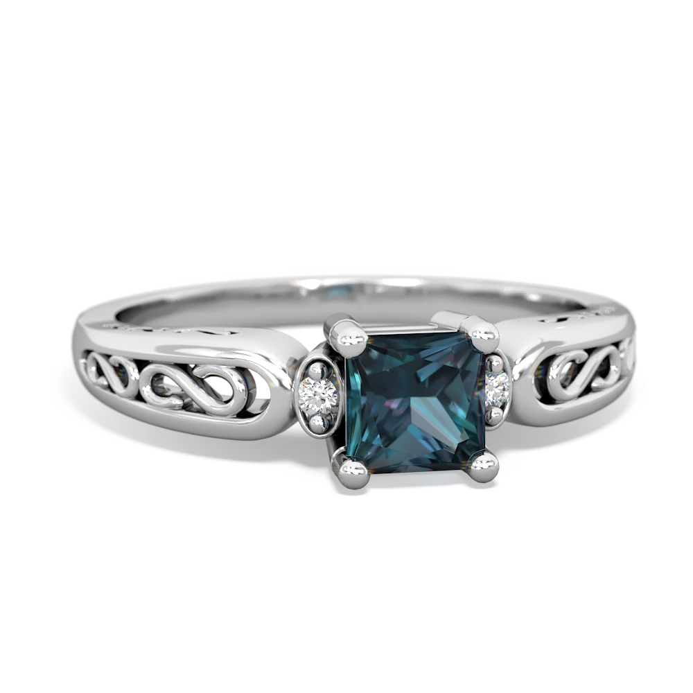 Alexandrite Filligree Scroll Square 14K White Gold ring R2430