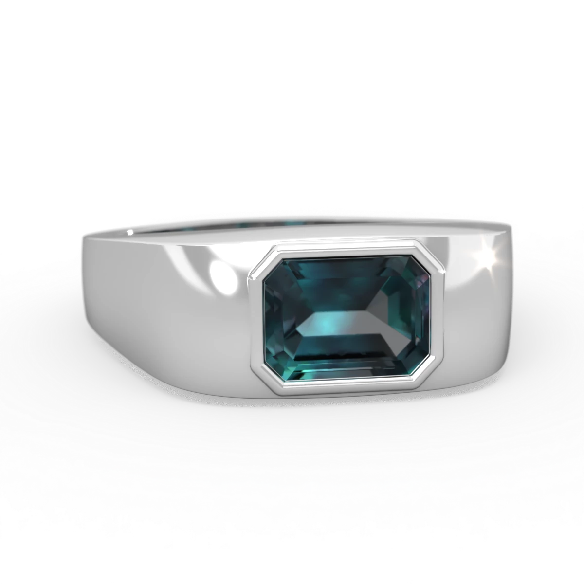 Alexandrite Men's Emerald-Cut Bezel 14K White Gold ring R0410