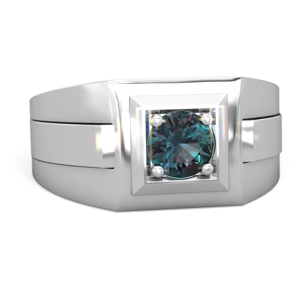 Alexandrite Men's Squared Circle 14K White Gold ring R0480