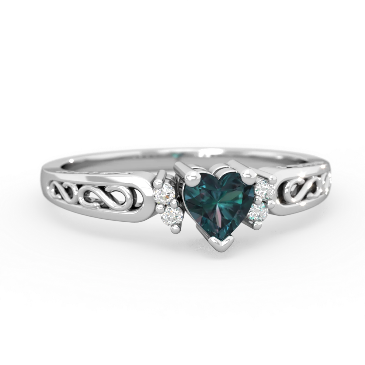 Alexandrite Filligree Scroll Heart 14K White Gold ring R2429