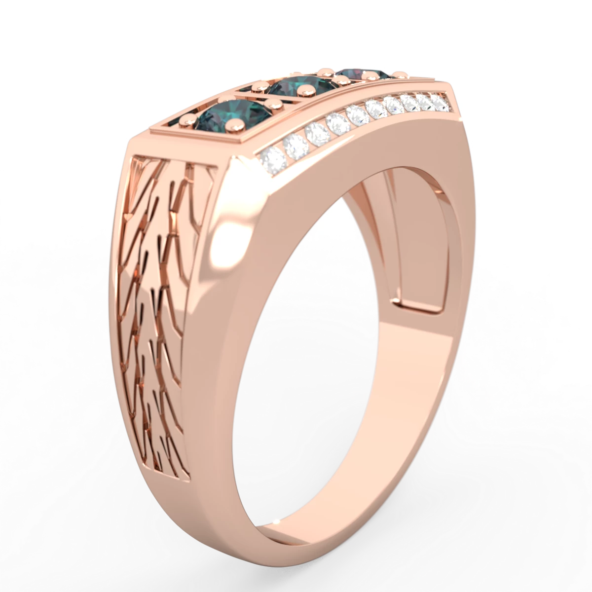 Alexandrite Three Stone Tire Tread Men's 14K Rose Gold ring R0520