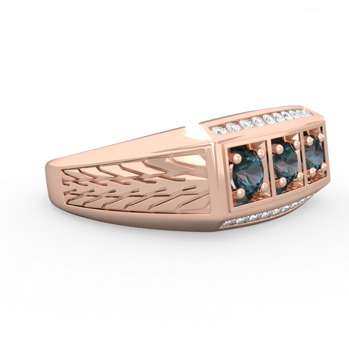 Alexandrite Three Stone Tire Tread Men's 14K Rose Gold ring R0520