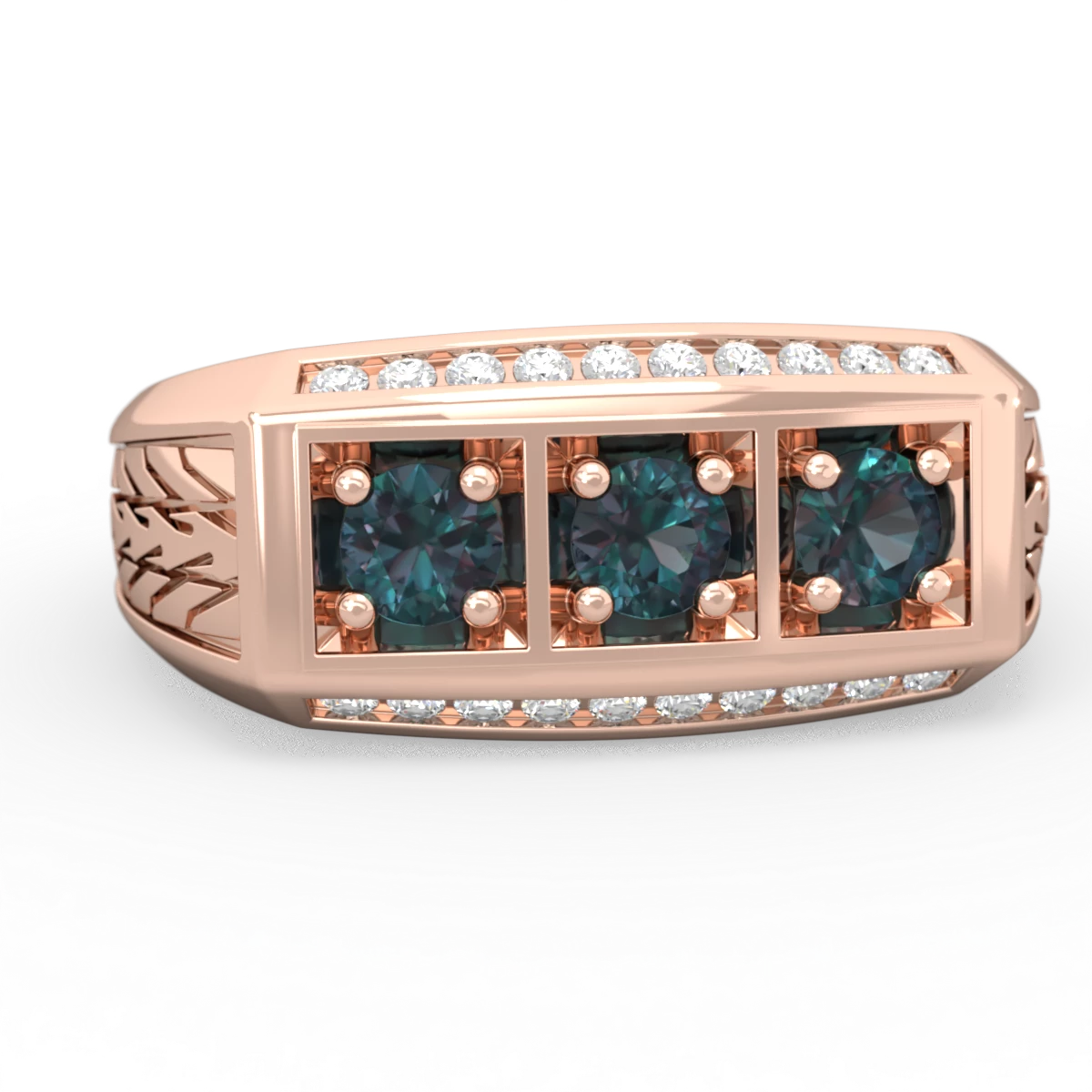 Alexandrite Three Stone Tire Tread Men's 14K Rose Gold ring R0520