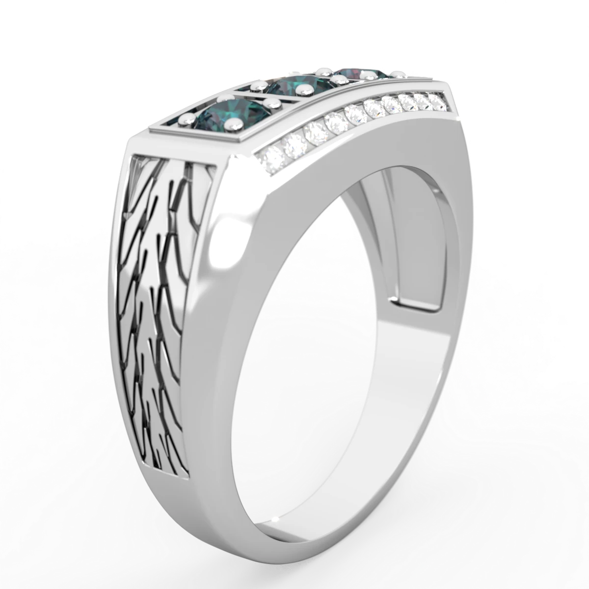 Alexandrite Three Stone Tire Tread Men's 14K White Gold ring R0520