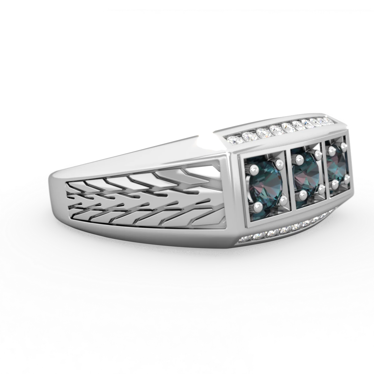 Alexandrite Three Stone Tire Tread Men's 14K White Gold ring R0520