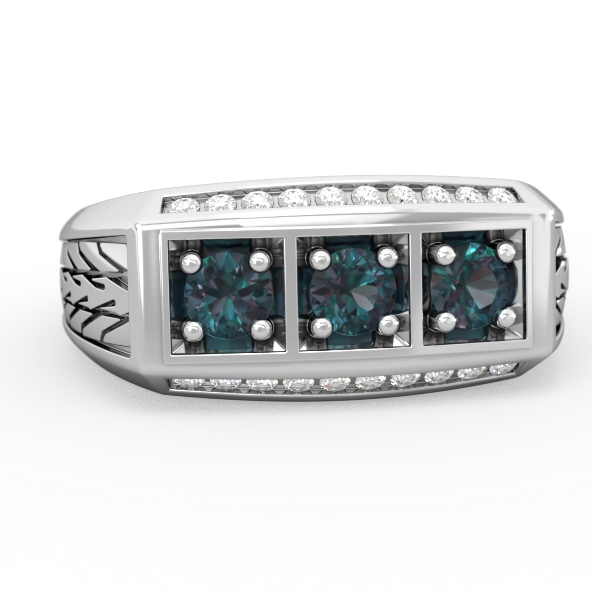 Alexandrite Three Stone Tire Tread Men's 14K White Gold ring R0520