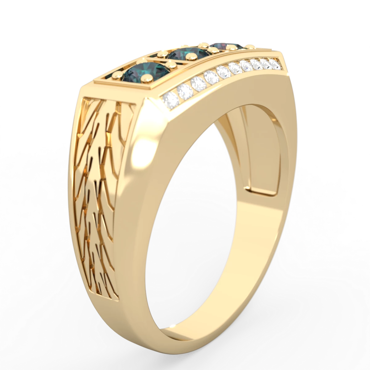 Alexandrite Three Stone Tire Tread Men's 14K Yellow Gold ring R0520