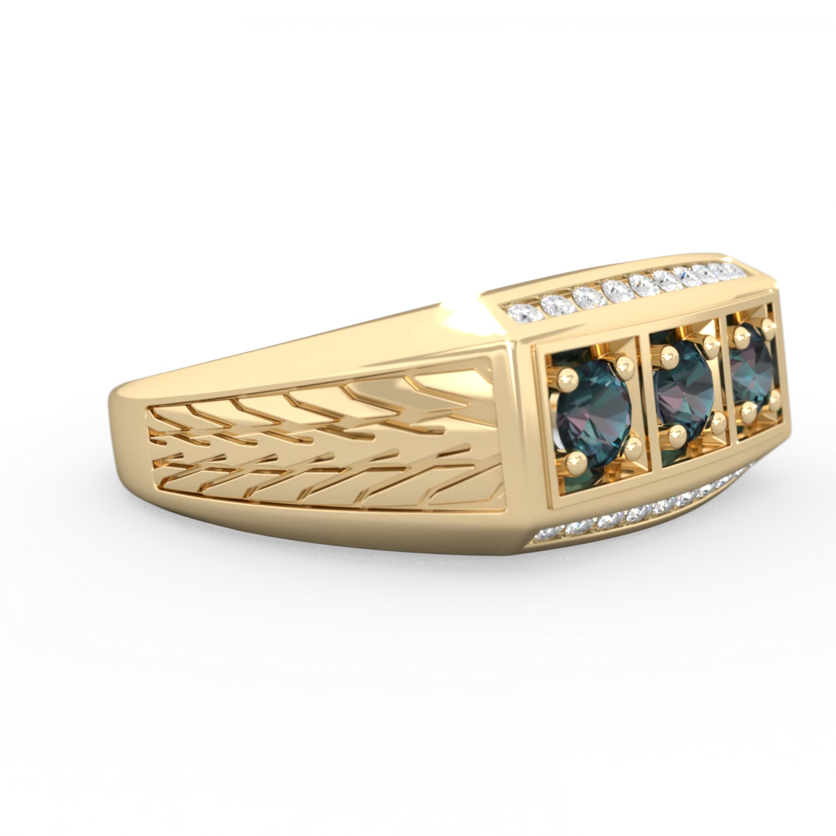 Alexandrite Three Stone Tire Tread Men's 14K Yellow Gold ring R0520