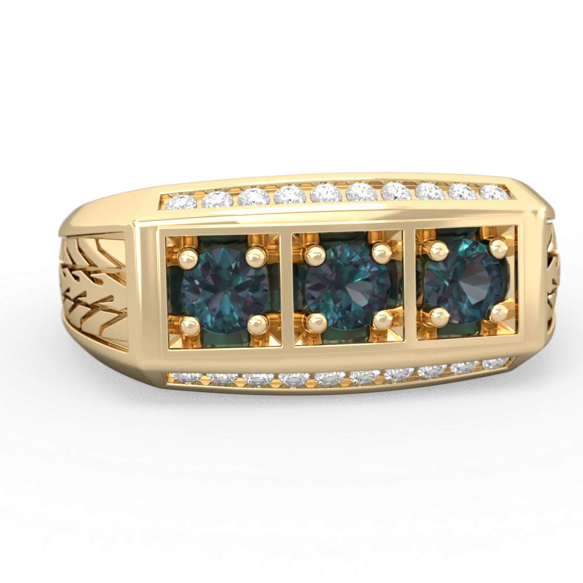 Alexandrite Three Stone Tire Tread Men's 14K Yellow Gold ring R0520