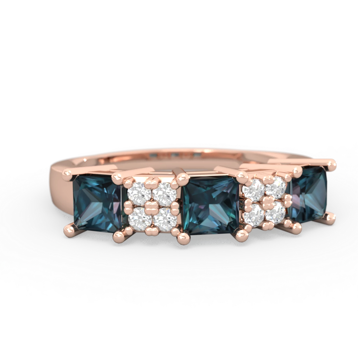 Alexandrite Three Stone Diamond Cluster 14K Rose Gold ring R2592