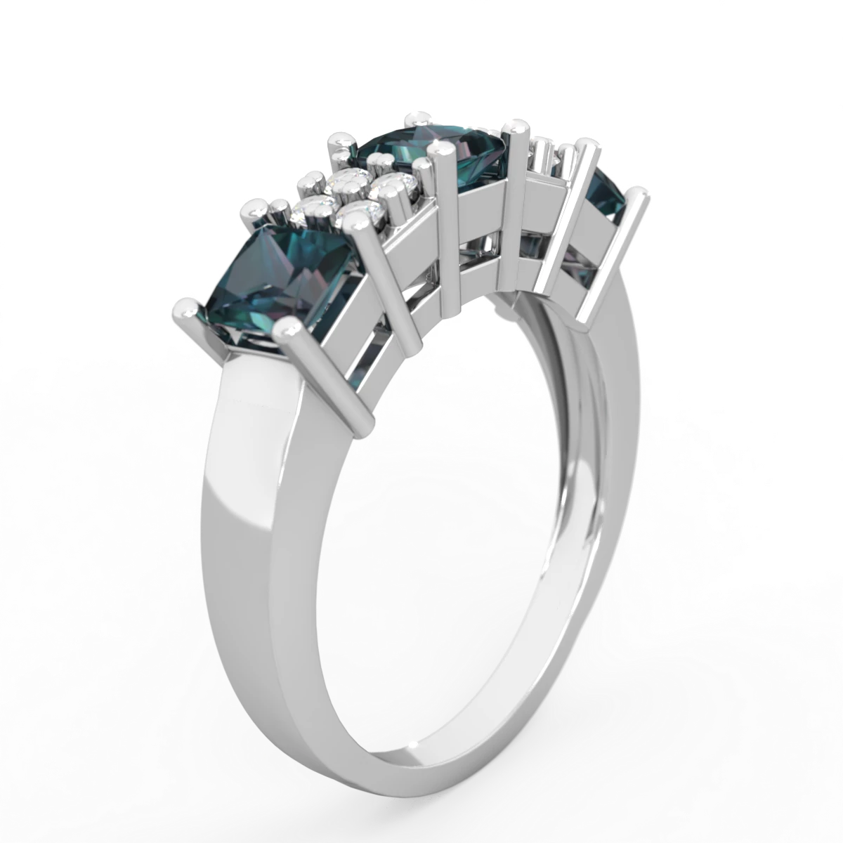 Alexandrite Three Stone Diamond Cluster 14K White Gold ring R2592