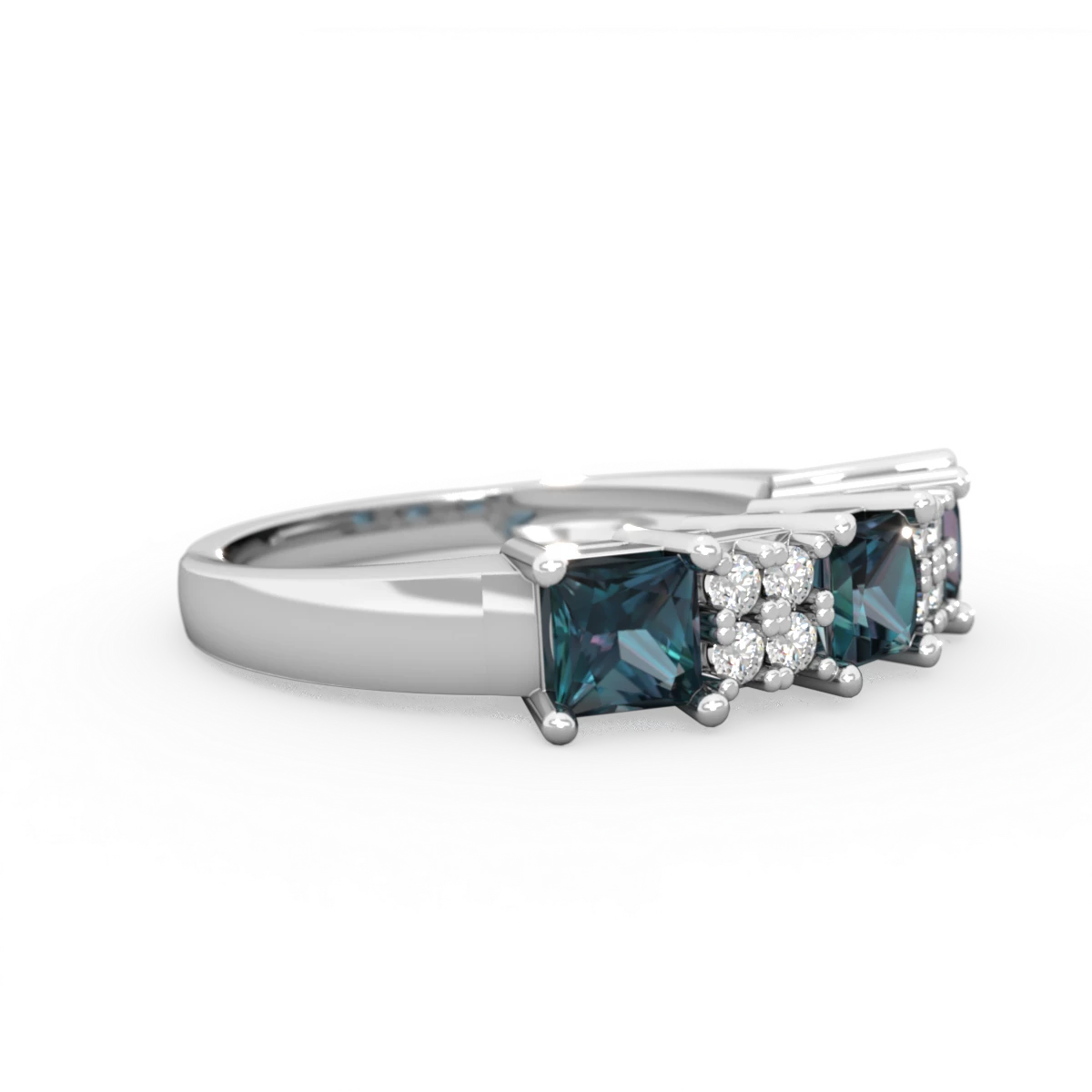 Alexandrite Three Stone Diamond Cluster 14K White Gold ring R2592