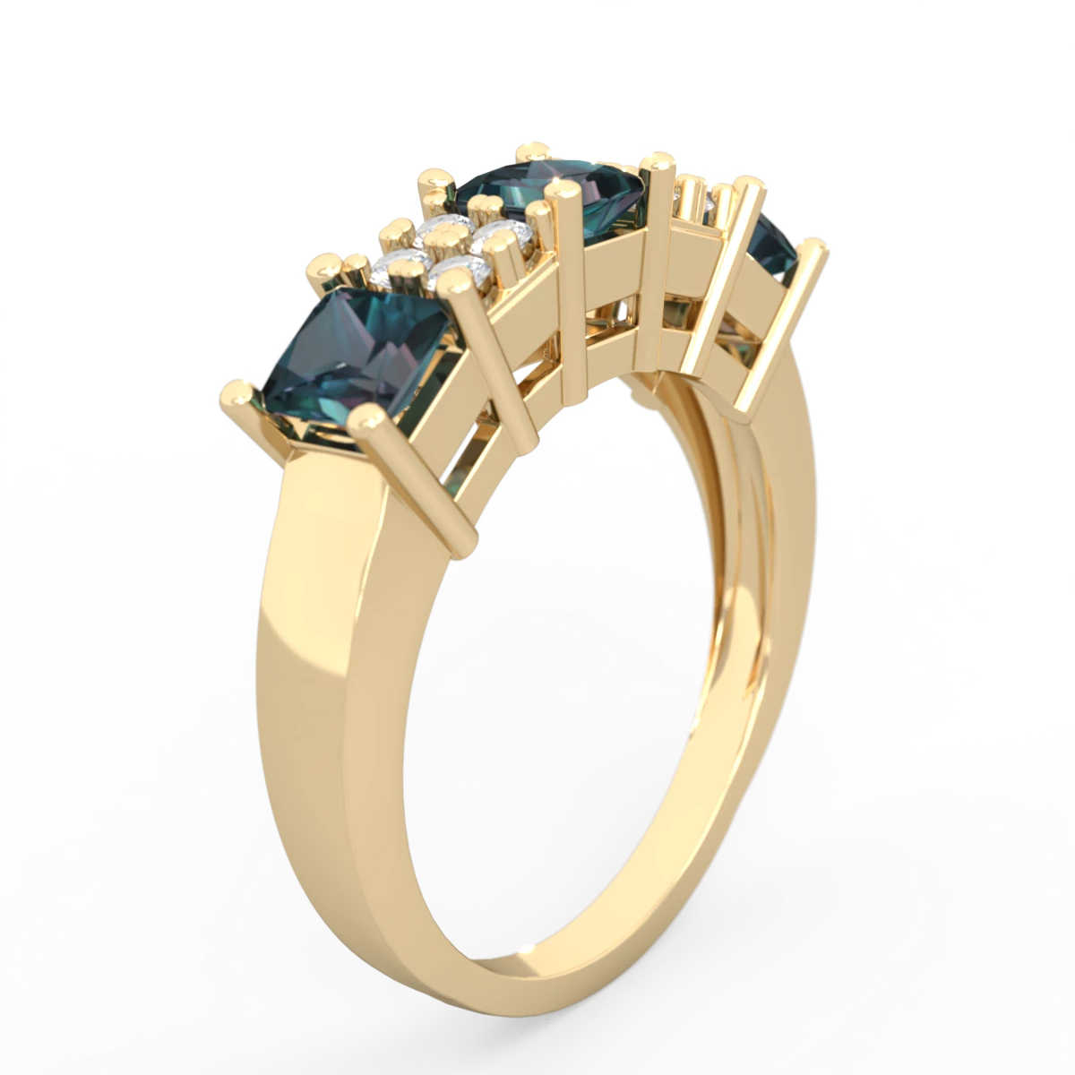 Alexandrite Three Stone Diamond Cluster 14K Yellow Gold ring R2592