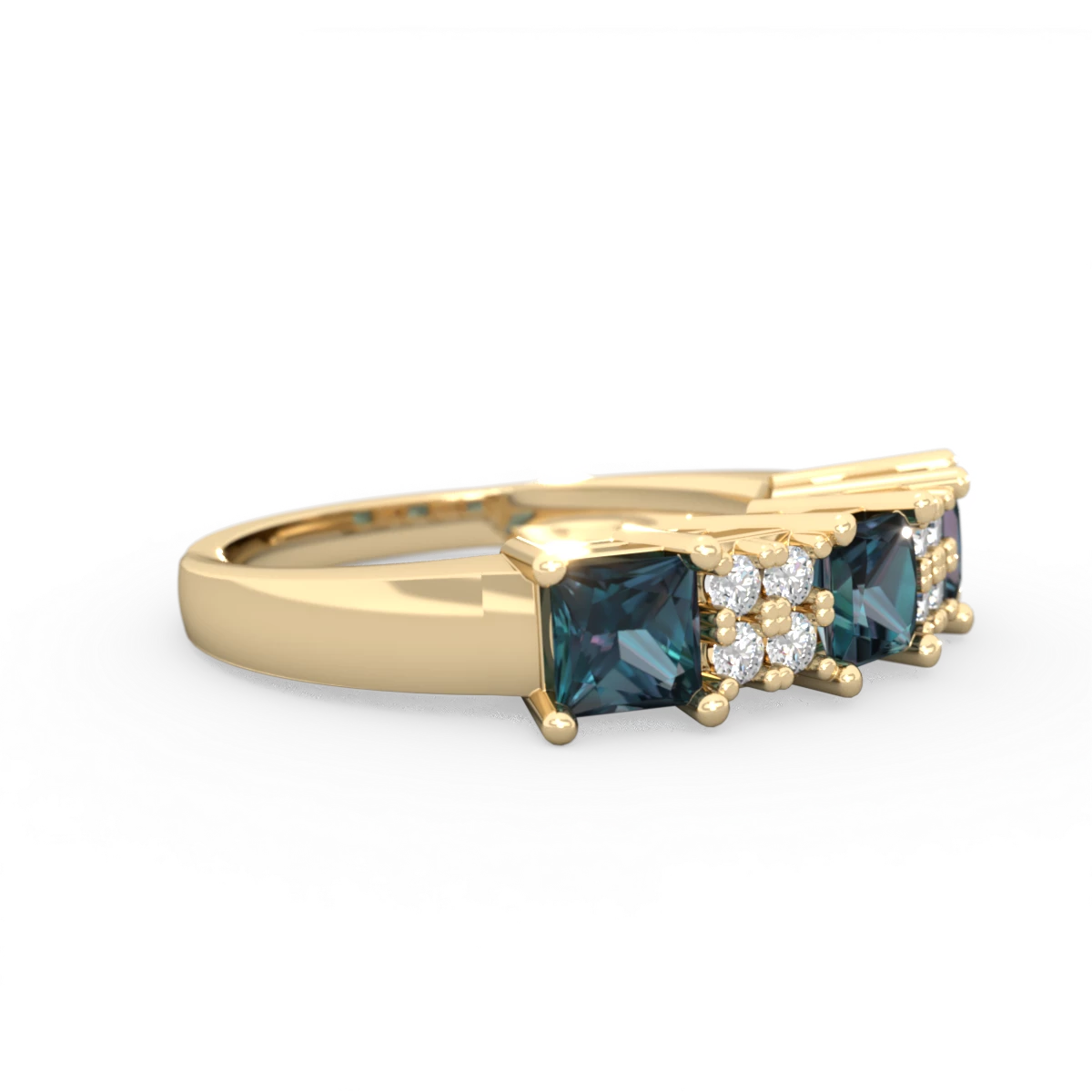 Alexandrite Three Stone Diamond Cluster 14K Yellow Gold ring R2592