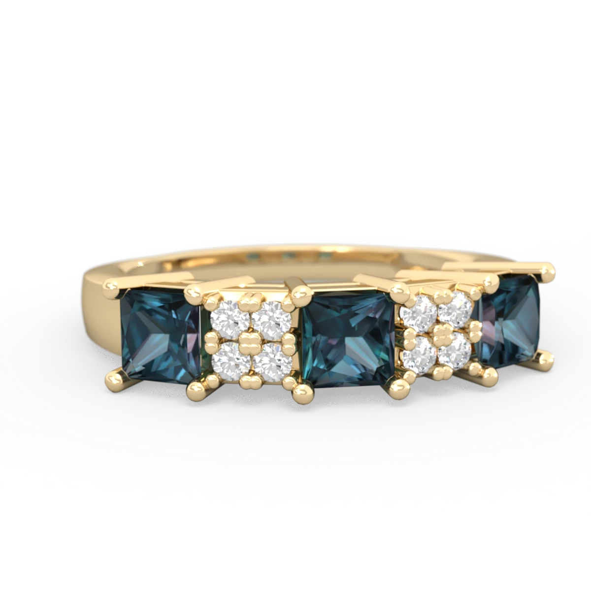Alexandrite Three Stone Diamond Cluster 14K Yellow Gold ring R2592