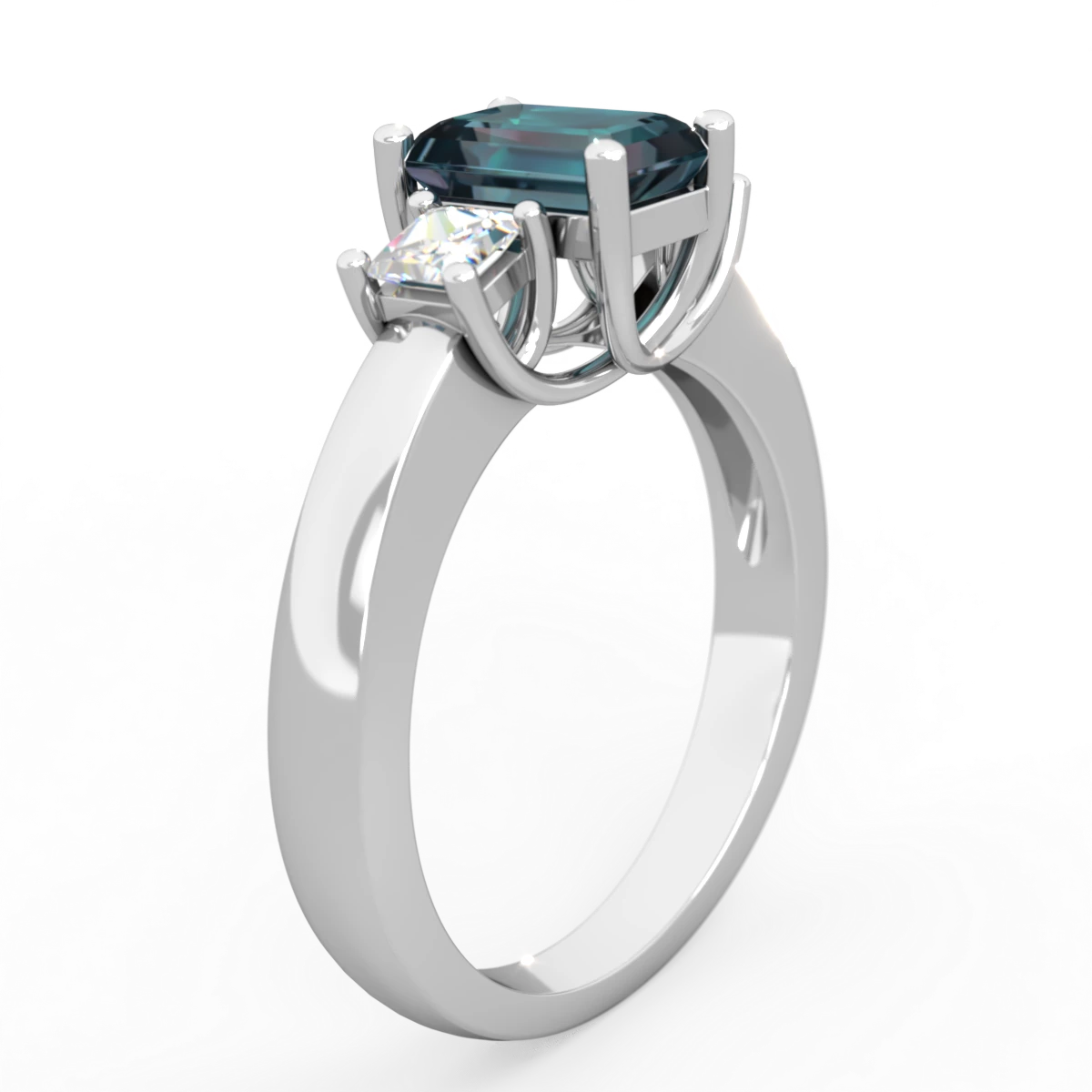 Alexandrite Diamond Three Stone Emerald-Cut Trellis 14K White Gold ring R4021