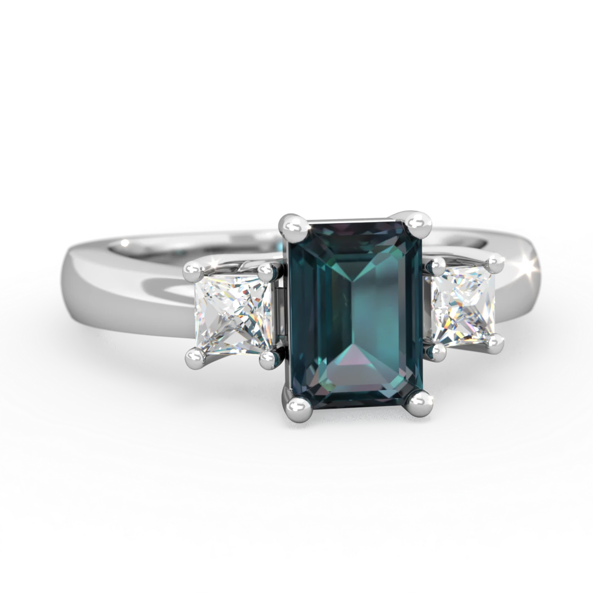 Alexandrite Diamond Three Stone Emerald-Cut Trellis 14K White Gold ring R4021