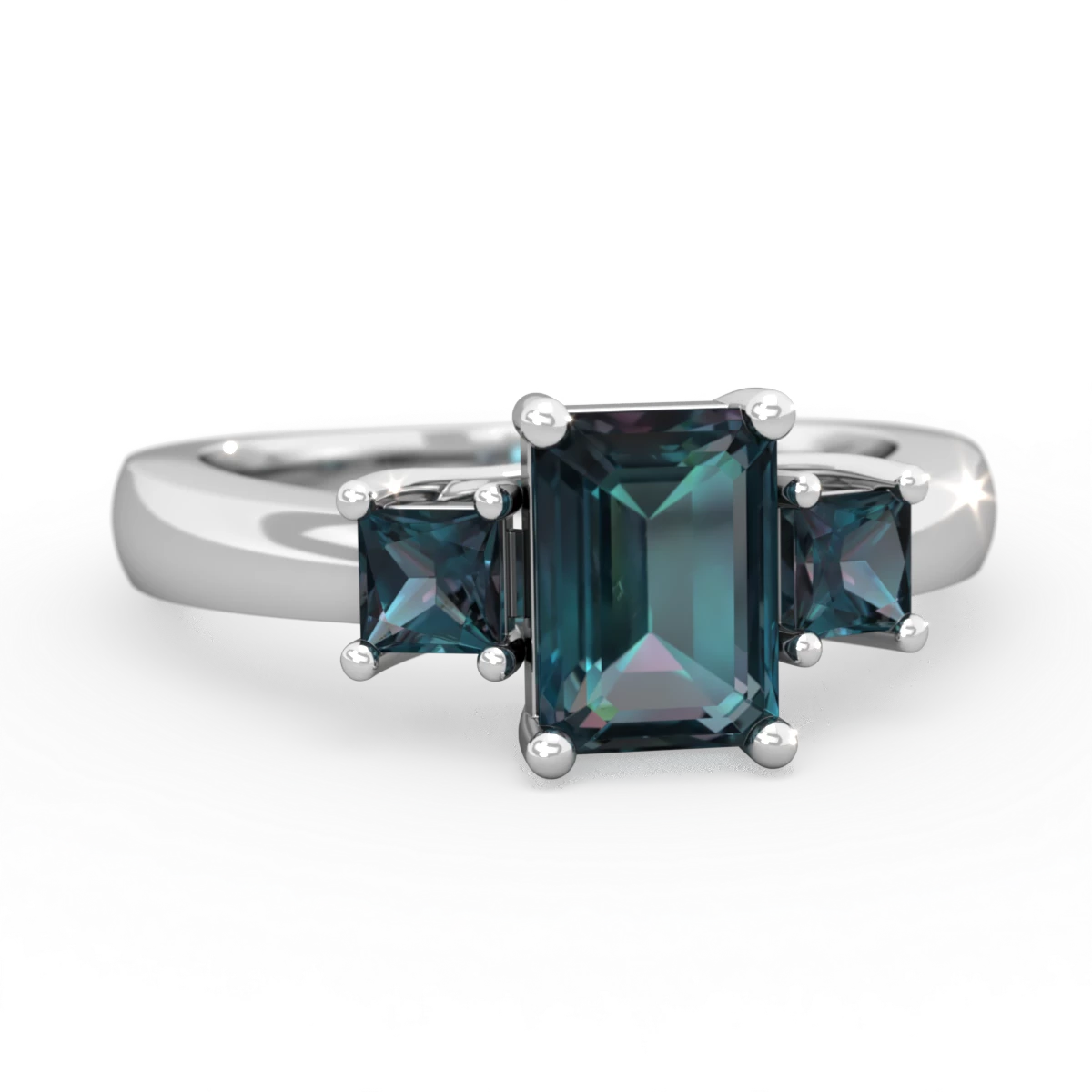 Alexandrite Three Stone Emerald-Cut Trellis 14K White Gold ring R4021