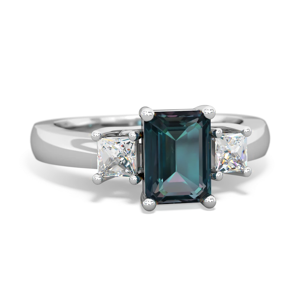 Alexandrite Diamond Three Stone Emerald-Cut Trellis 14K White Gold ring R4021