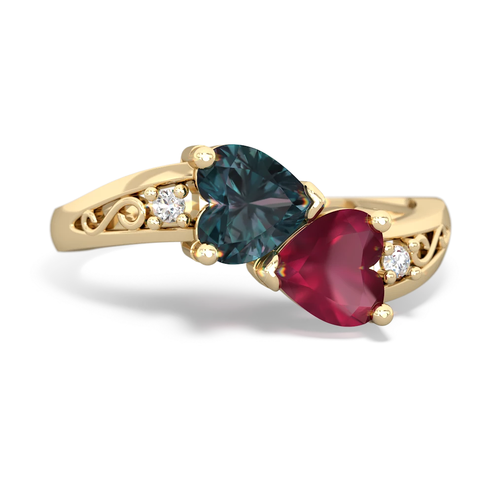 Alexandrite Snuggling Hearts 14K Yellow Gold ring R2178