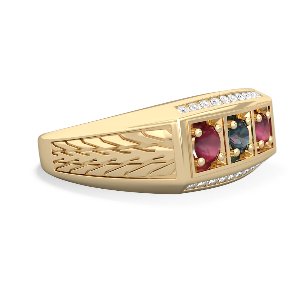 Alexandrite Three Stone Tire Tread Men's 14K Yellow Gold ring R0520