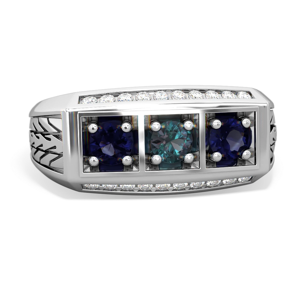 Alexandrite Three Stone Tire Tread Men's 14K White Gold ring R0520