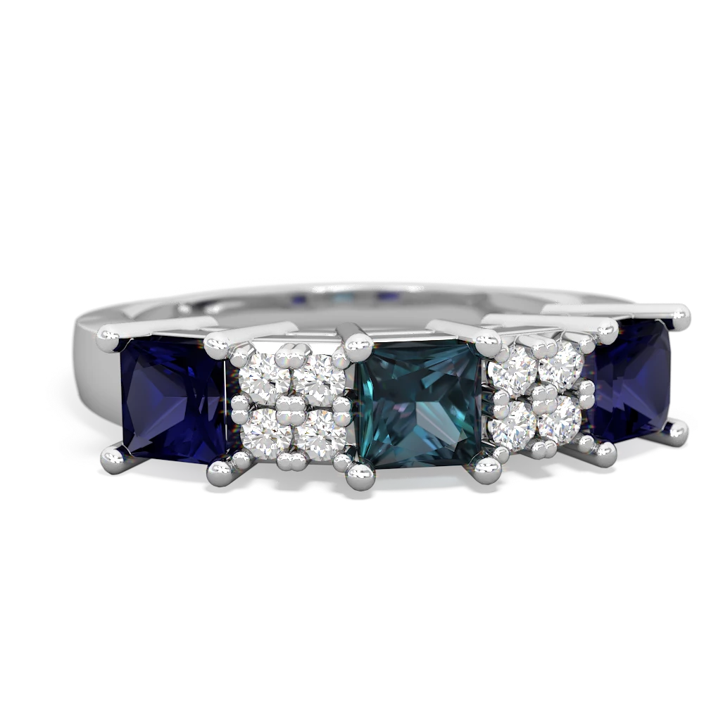 Alexandrite Sapphire Three Stone Diamond Cluster ring 14K White Gold JewelsForMe