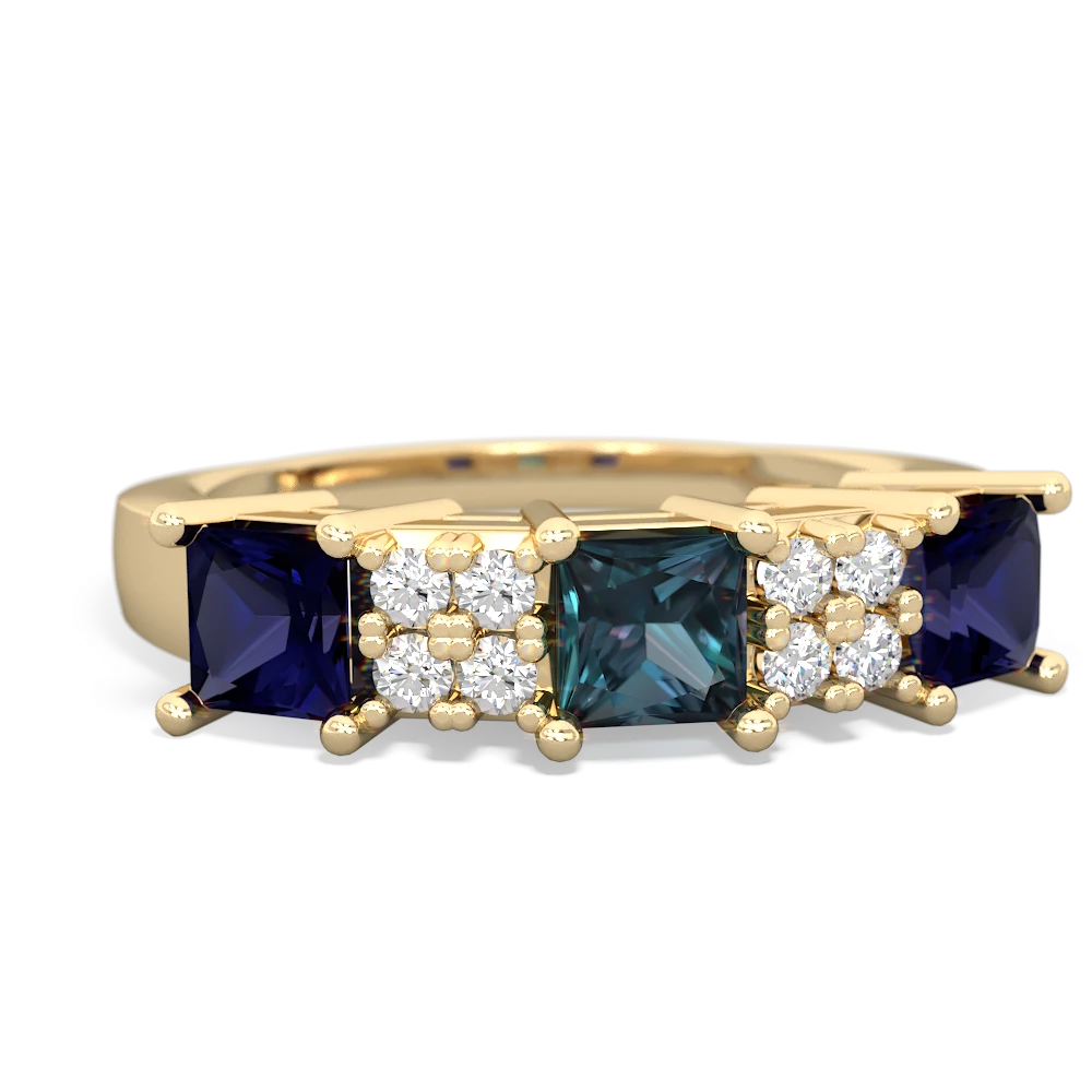 Alexandrite Three Stone Diamond Cluster 14K Yellow Gold ring R2592