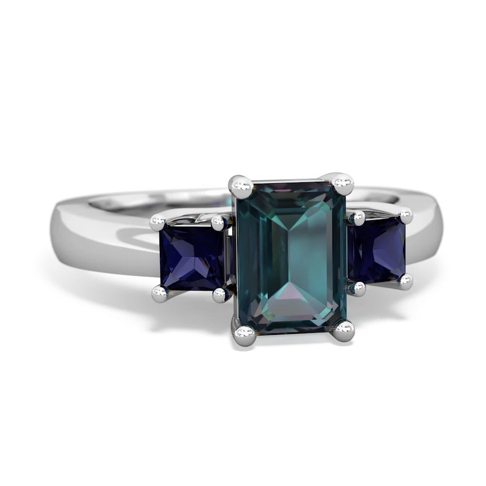 Alexandrite Three Stone Emerald-Cut Trellis 14K White Gold ring R4021